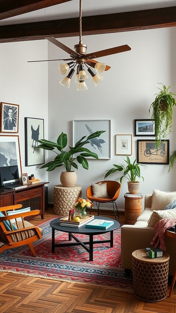 A cozy eclectic living room with colorful art, plants, and comfortable seating.