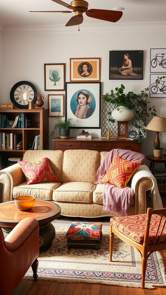 A colorful bohemian living room featuring eclectic furniture and decor.