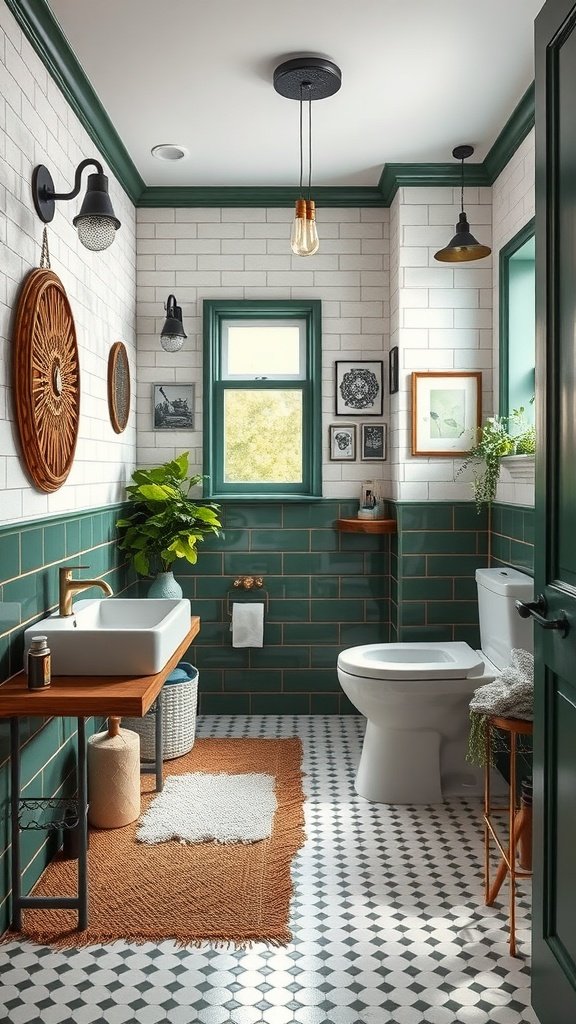 A stylish dark green bathroom featuring emerald walls, wooden accents, and decorative plants.