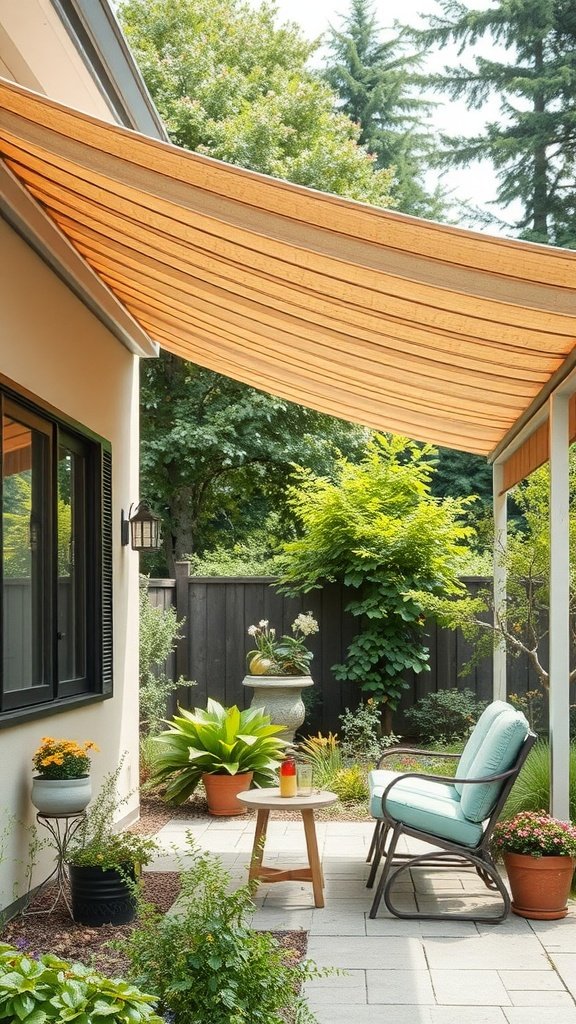 A beautiful patio with a recycled material awning, showcasing plants and a cozy chair.