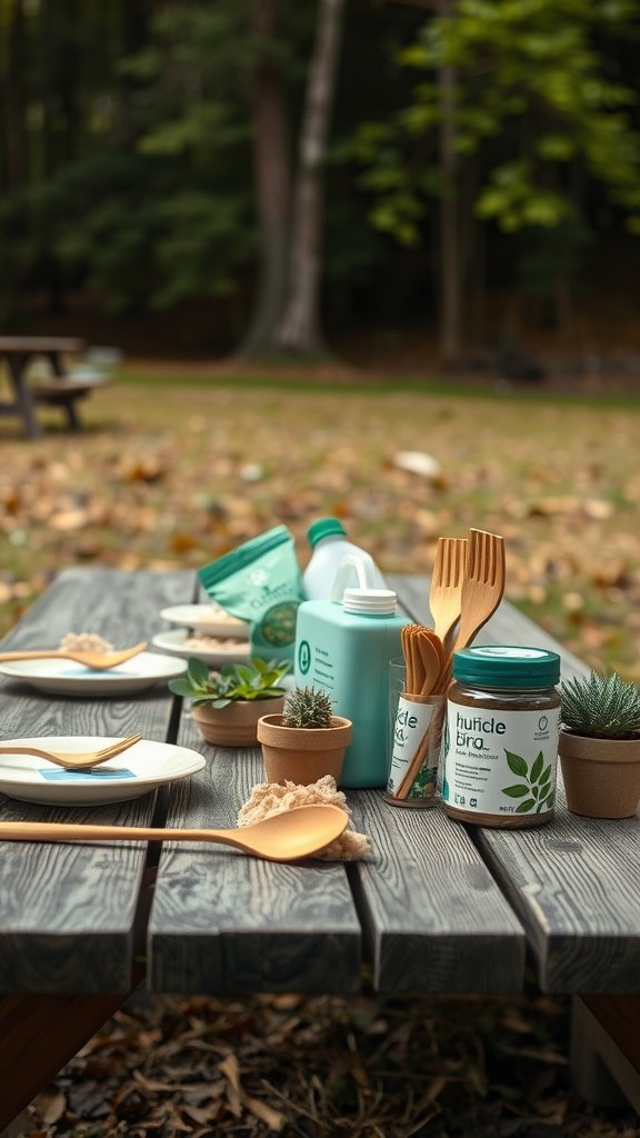 A camping kitchen setup featuring eco-friendly utensils and containers on a picnic table in a natural setting.