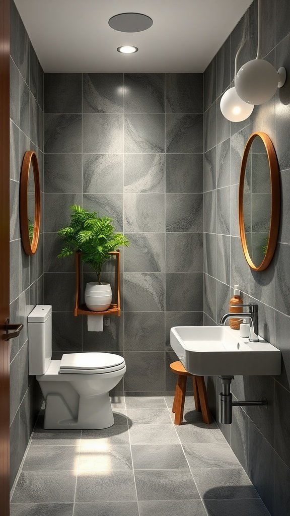 A modern, eco-friendly half bathroom with gray tiles, a plant, and stylish fixtures.