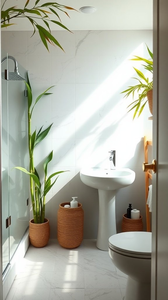 Eco-friendly half bathroom with modern fixtures and plants.