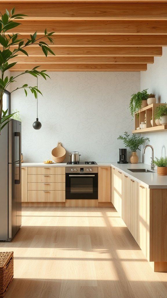 A modern kitchen with eco-friendly materials, featuring wooden cabinets and plants.