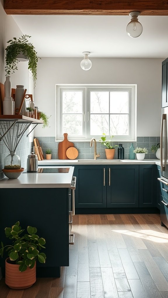 A modern kitchen featuring tan lower cabinets and white upper cabinets with a cozy and eco-friendly vibe.