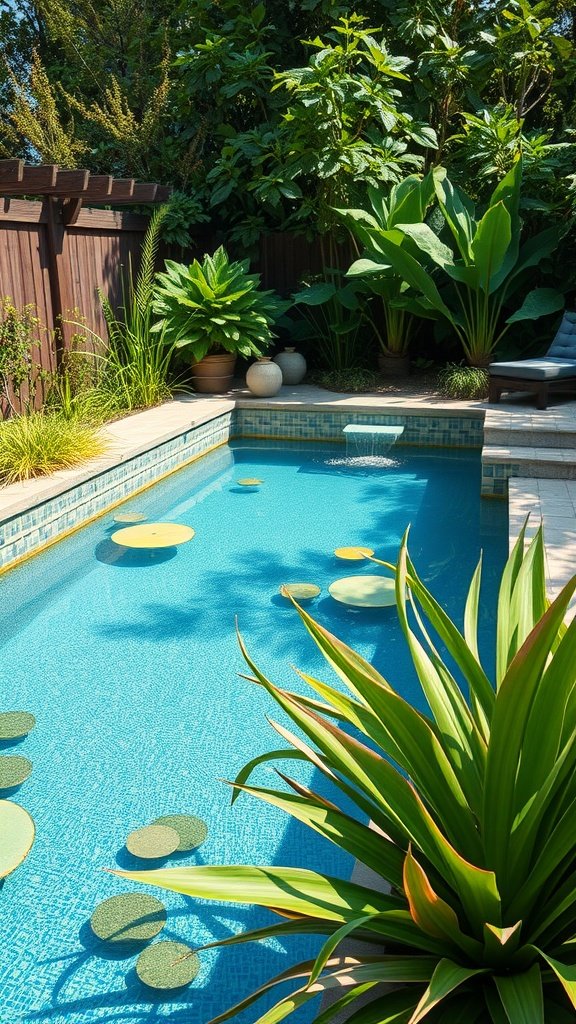 A tranquil backyard swimming pool surrounded by lush greenery and floating lily pads.