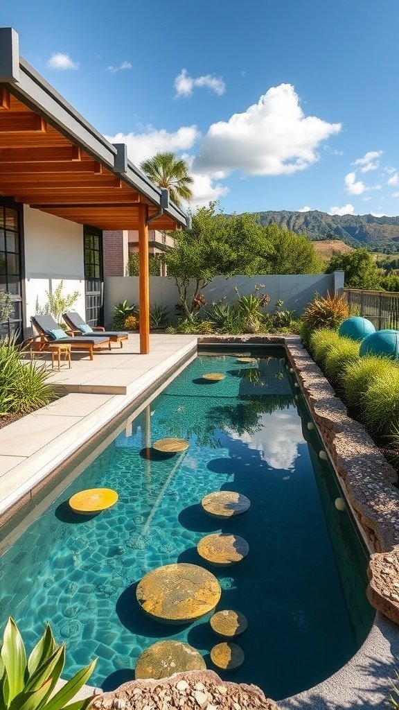 A beautiful backyard with a plunge pool, hot tub, and solar panels under a clear blue sky.