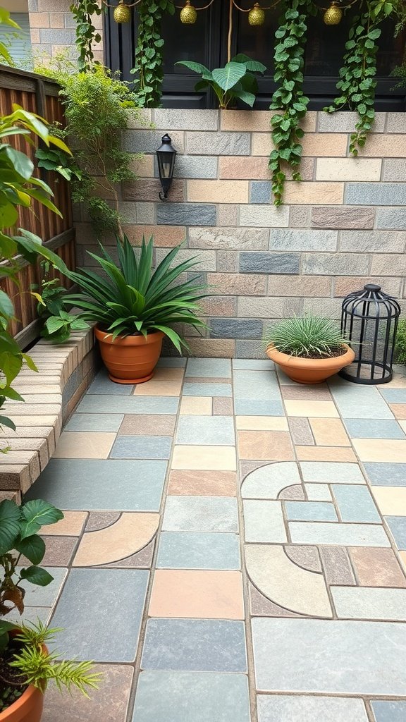 A beautifully designed patio area with eco-friendly recycled tiles, surrounded by greenery.