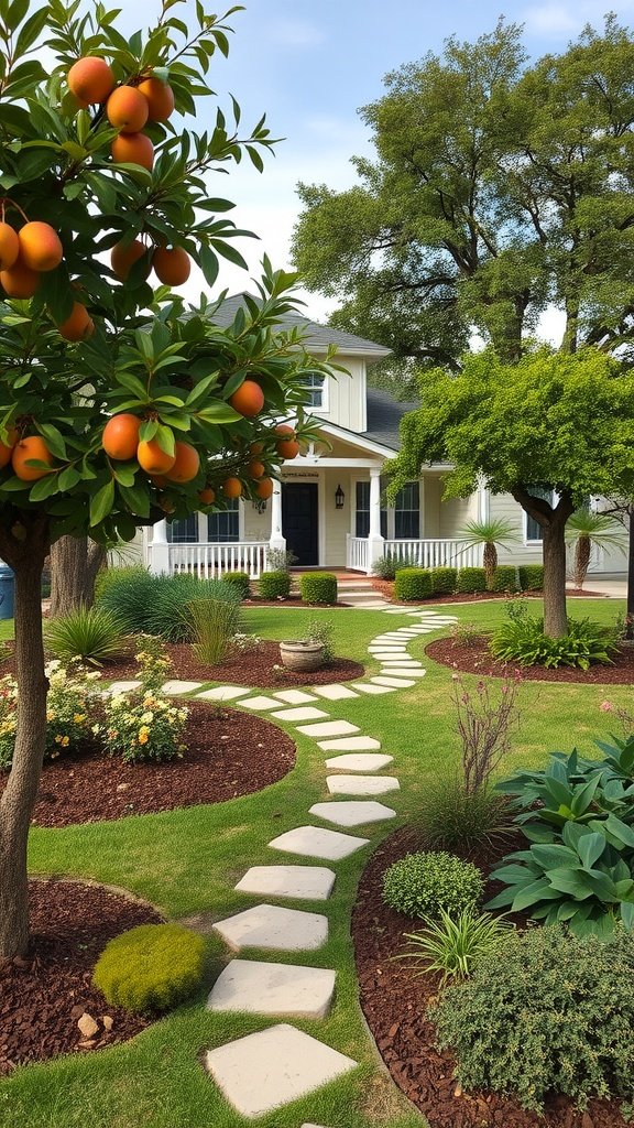 A beautiful backyard garden featuring citrus trees, a stone pathway, and colorful plants.