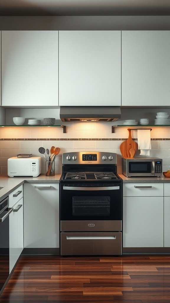 A modern kitchen showing appliances like a stove, microwave, and toaster, organized for efficient use.