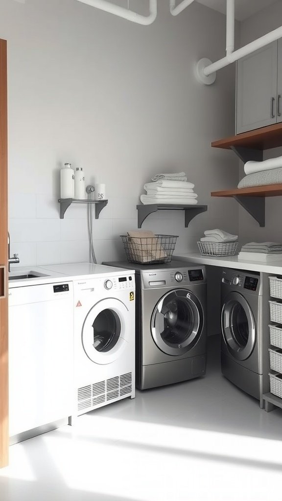A modern laundry room with stacked washer and dryer, shelves, and neatly organized storage.
