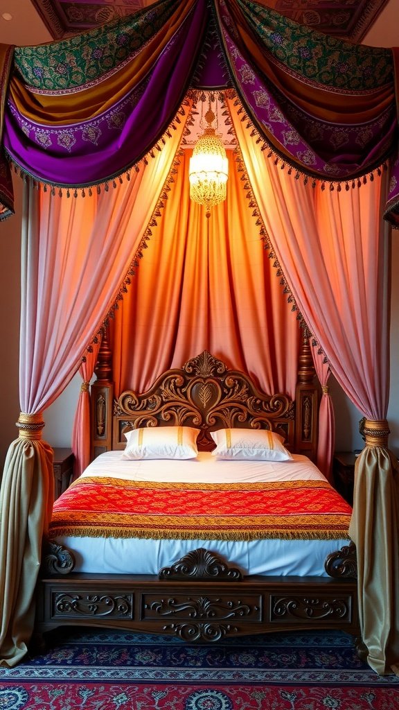 A luxurious bed with a colorful canopy, featuring intricate designs and a warm ambiance.