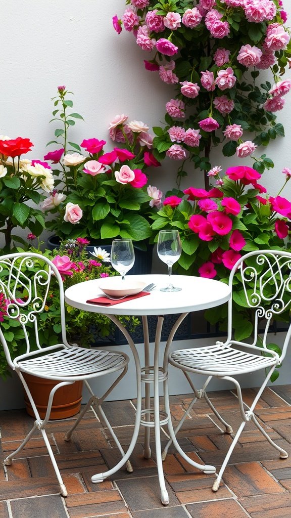 A charming bistro table with two chairs surrounded by colorful flowers.
