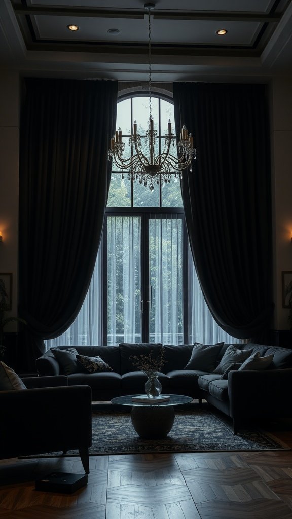 Living room with dark drapery, chandelier, and cozy seating