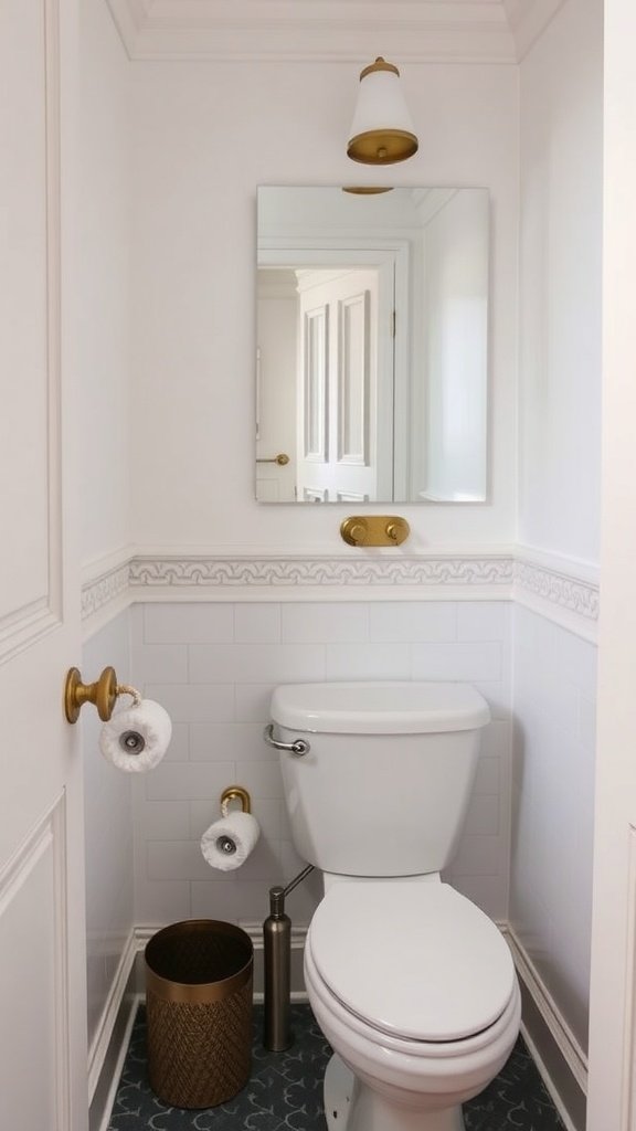 A stylish half bathroom featuring white walls, gold hardware, and a clean design.