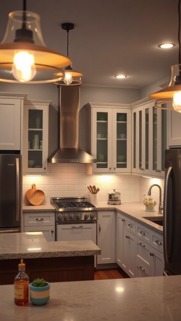 A beautifully lit modern kitchen featuring stylish light fixtures.