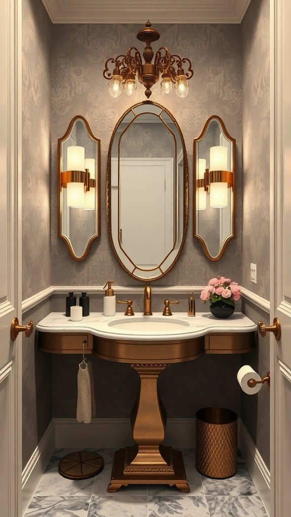A stylish half bathroom featuring elegant mirrors and chic decor.