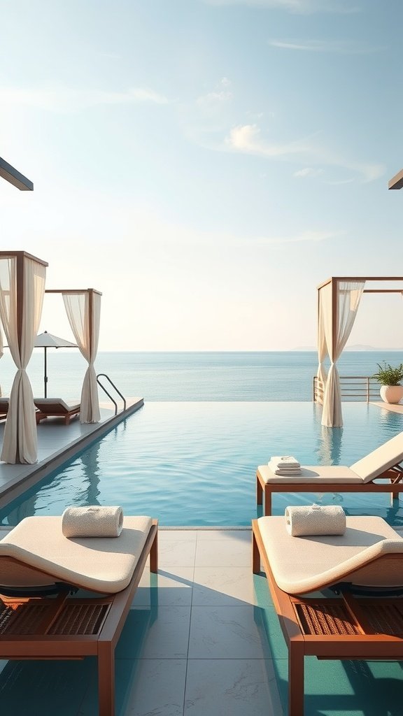 A serene poolside lounge area with wooden chairs, towels neatly rolled on the seats, and an expansive view over the water.
