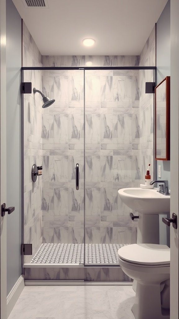 A modern half bathroom featuring a sleek glass shower, stylish tiles, and a clean sink.