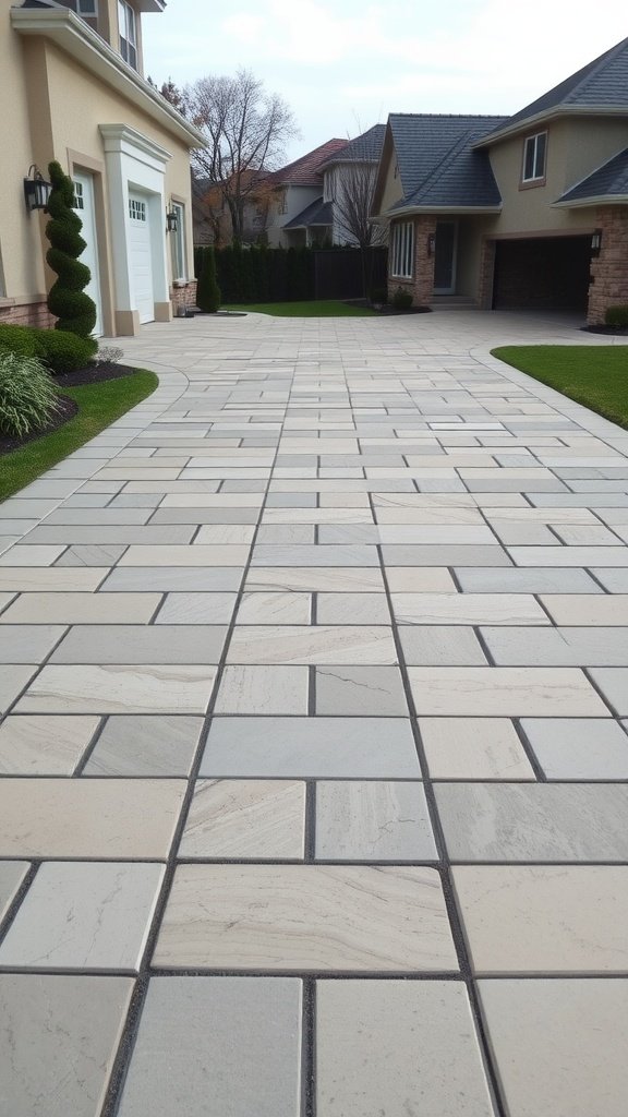 A well-designed driveway featuring stone pavers.