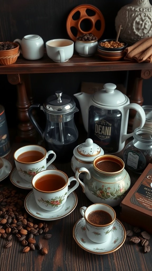 Tea and coffee station with vintage cups, dark wood shelves, and various coffee beans.