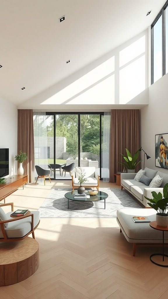A bright and airy living room featuring large windows, green plants, and minimalist furniture.