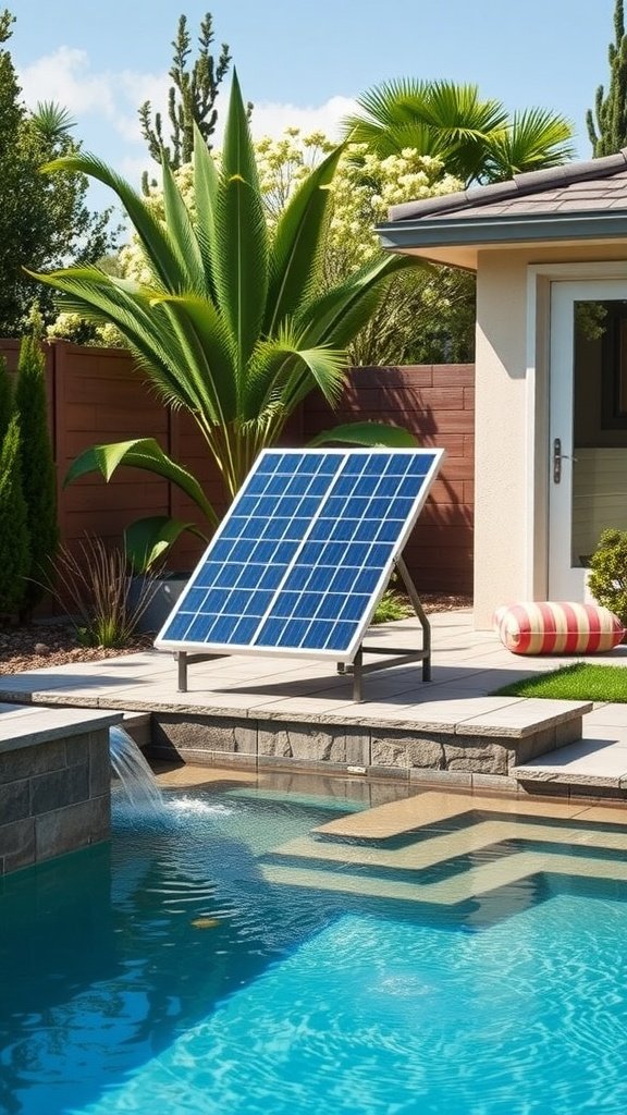 A solar heater beside a swimming pool with palm trees in a backyard.