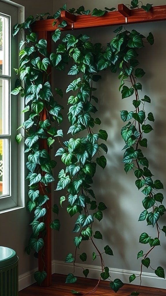 Vibrant English Ivy climbing on a wooden structure near a window.