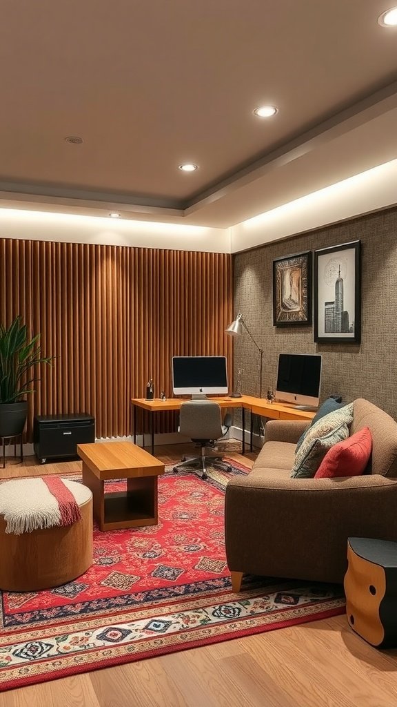 A stylish office setup in a living room featuring a computer desk, speakers, and a cozy rug
