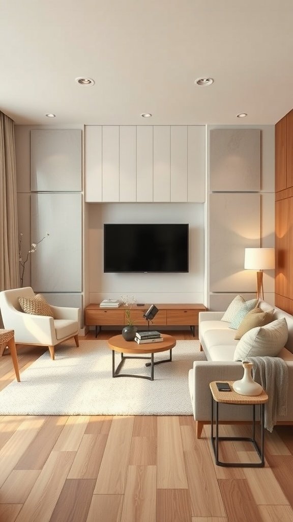 A cozy living room with a modern design featuring soft furnishings and warm wooden accents.