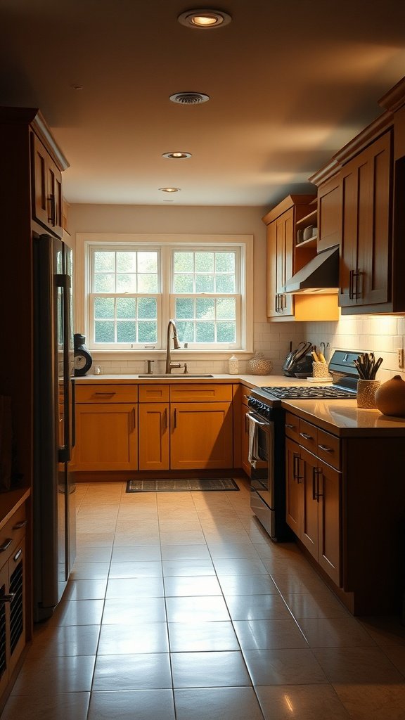 A kitchen with tan lower cabinets and white upper cabinets, featuring modern appliances and natural light from a window.