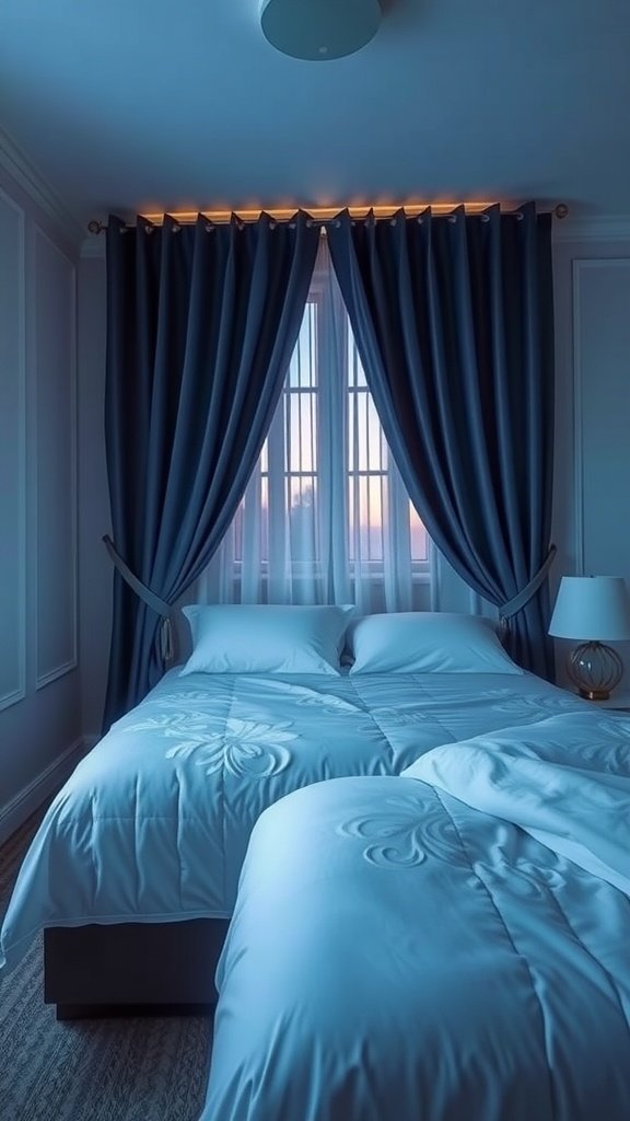 A cozy bedroom featuring two beds with elegant curtains around them.