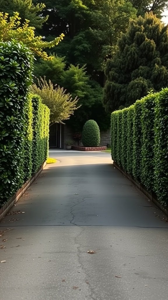 A picturesque driveway surrounded by tall, neatly trimmed hedges.