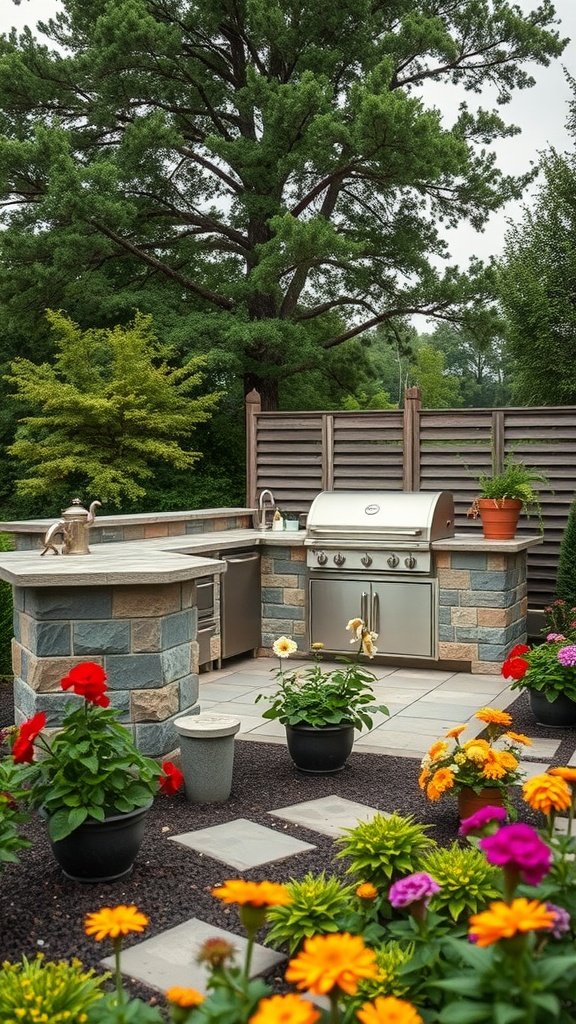 A beautifully landscaped outdoor kitchen featuring a grill and vibrant flowers.