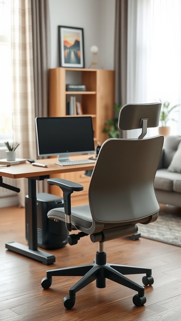 A modern office setup with a computer desk and ergonomic chair in a cozy living room.