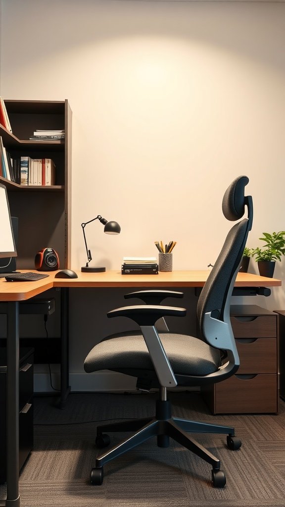 A small home office setup featuring an ergonomic chair, desk, and lamp.