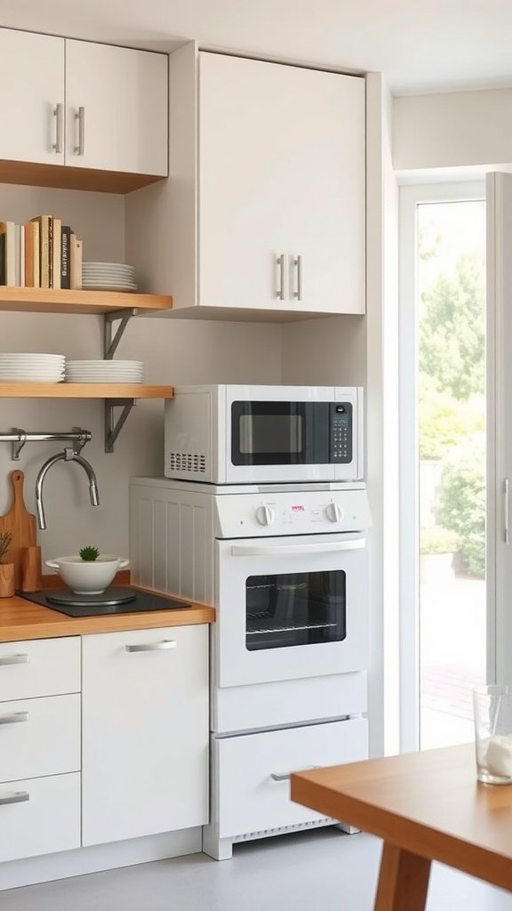 A well-organized kitchen featuring white cabinets and appliances.