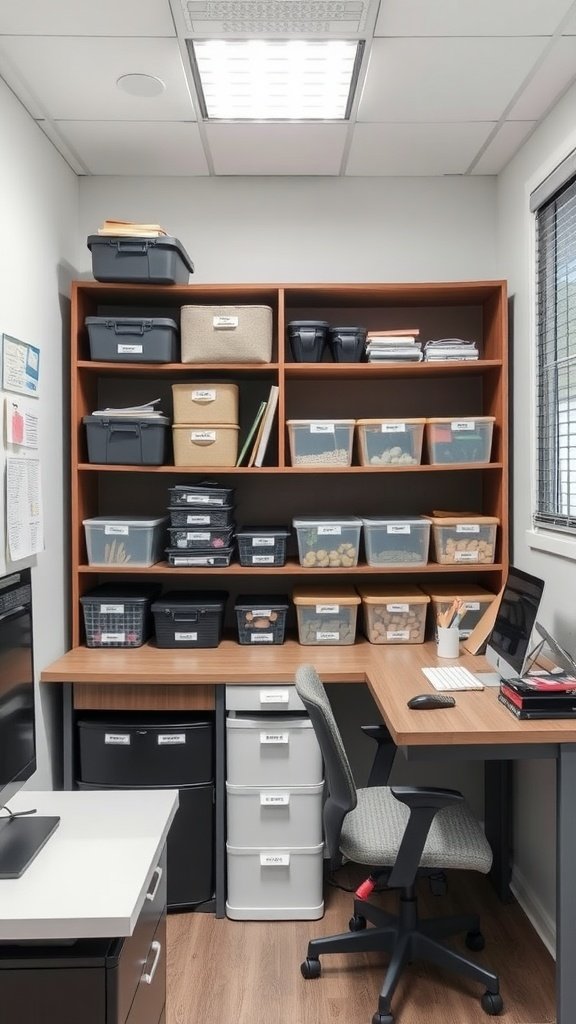 A well-organized small office with labeled storage boxes and a neat desk area.