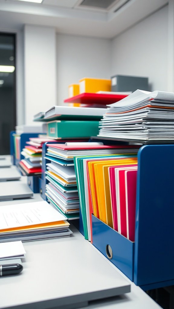 A colorful filing system with various colored folders and stacked documents in a small office.