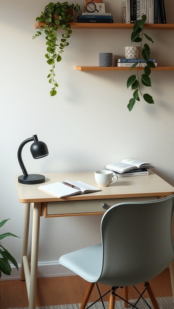 A cozy small home office setup with a desk, chair, books, and plants.