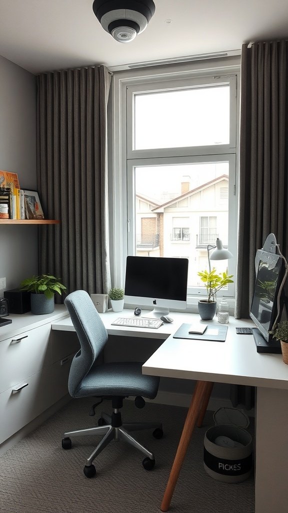 A small, cozy home office with a computer, plants, and a comfortable chair.