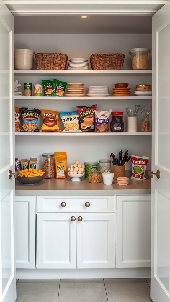 Organized pantry with snacks, jars, and baskets.