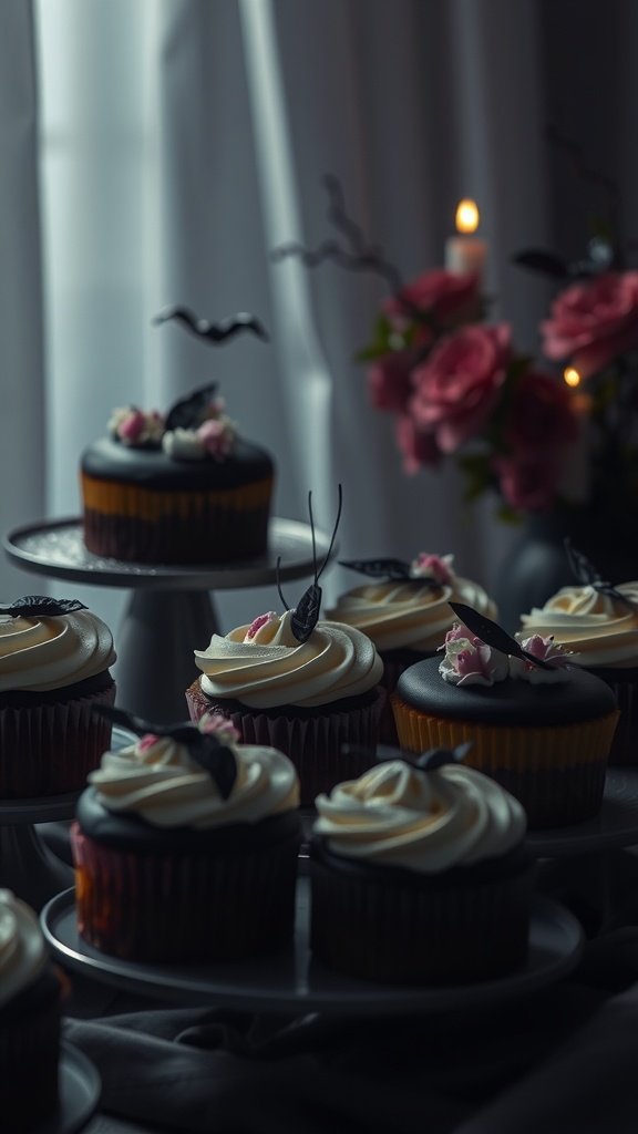 Darkly decorated cupcakes with floral accents in a dimly lit kitchen.