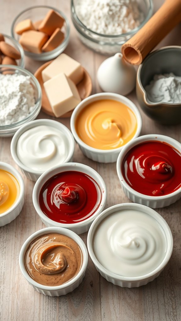 Various flavored creams in small bowls surrounded by baking ingredients.