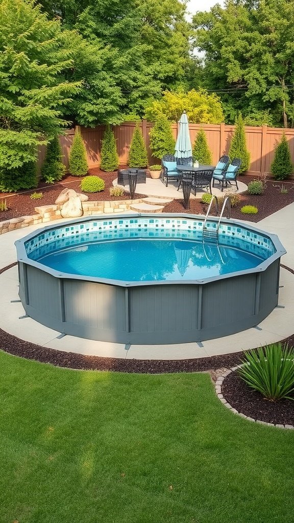 A beautifully landscaped backyard featuring a round above-ground swimming pool surrounded by greenery and seating.