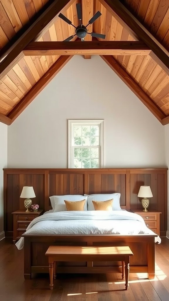 A cozy bedroom featuring exposed wooden beams and rustic decor