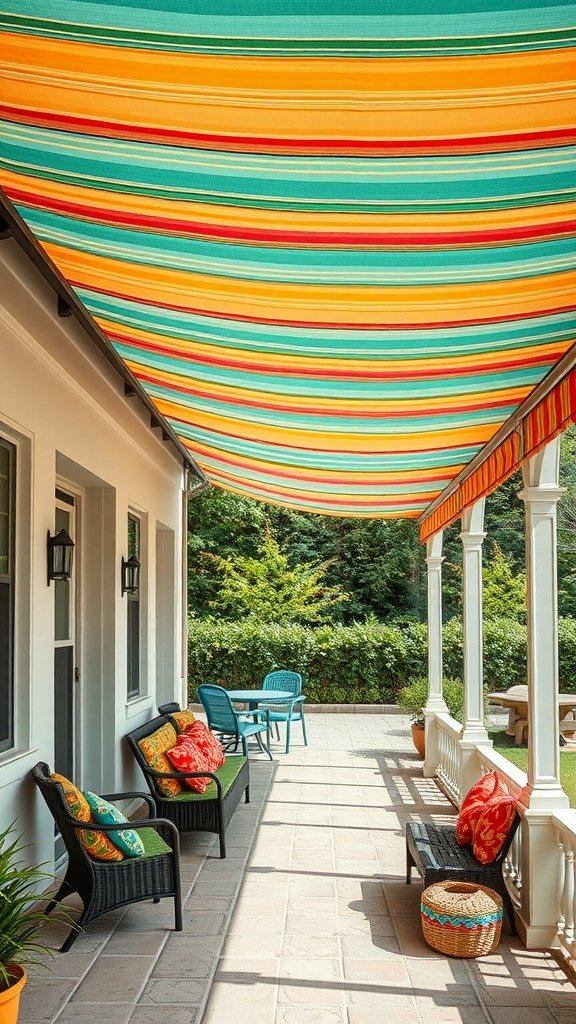 Colorful striped fabric awning over a patio with seating