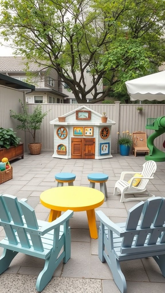 A family-friendly outdoor sitting area with colorful chairs and a playhouse.