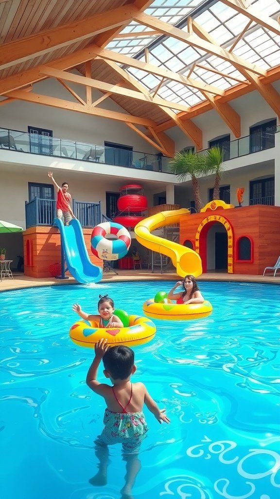 A family-friendly pool with vibrant water slides and inflatable floats