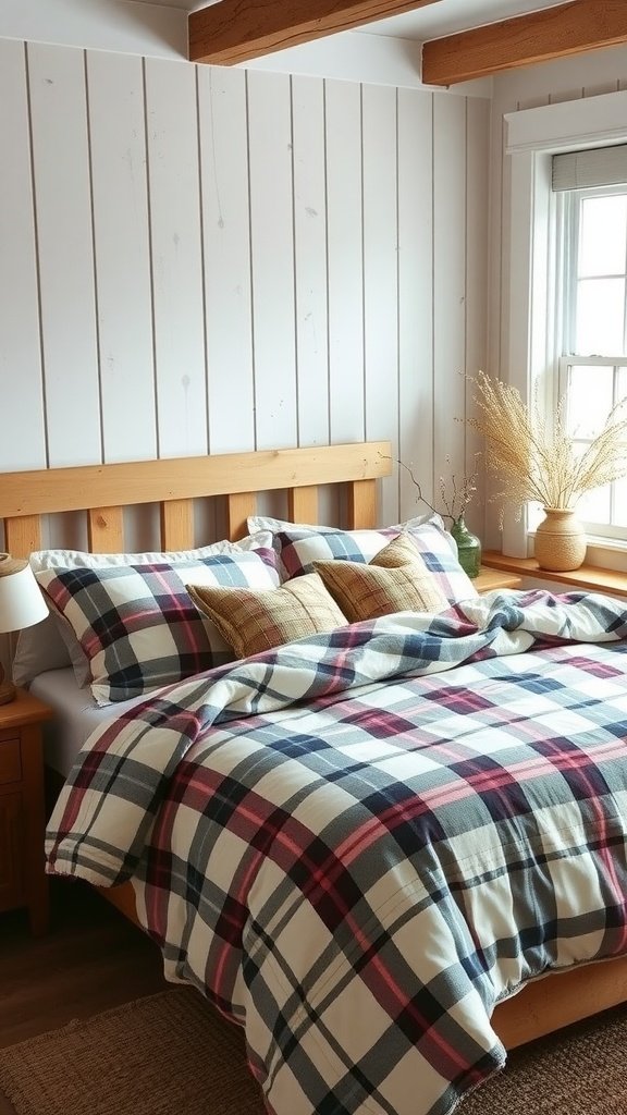 Cozy farmhouse-style bedding with plaid patterns on a wooden bed in a rustic bedroom